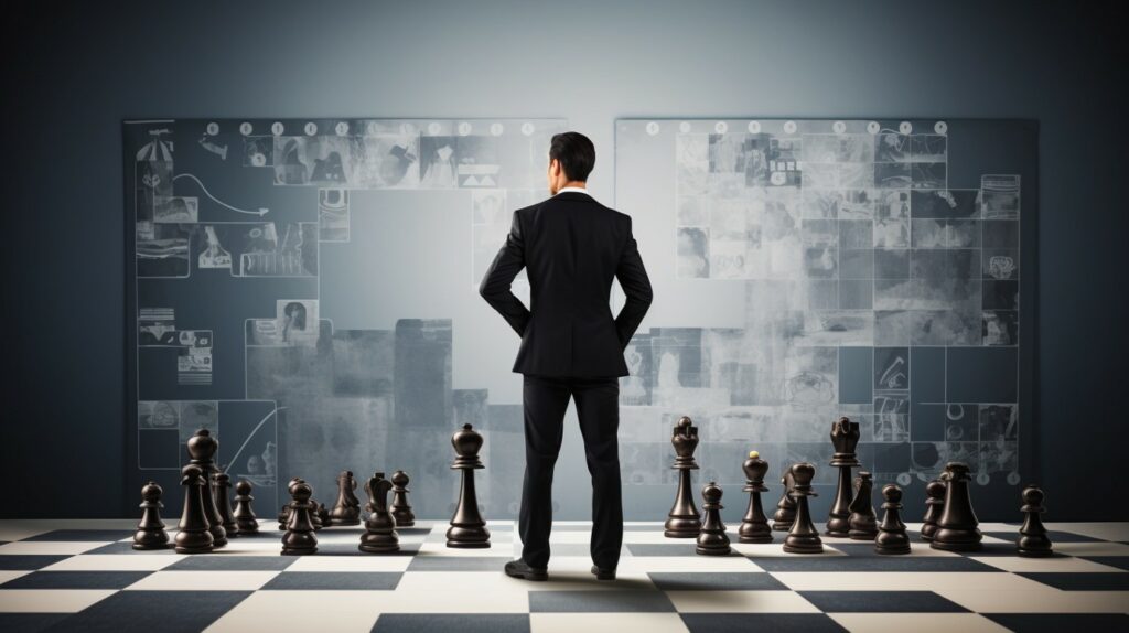 Business person standing on a giant chessboard