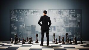 Business person standing on a giant chessboard