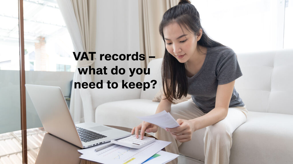 Asian woman working at her laptop from home. Caption reads "VAT records – what do you need to keep?"